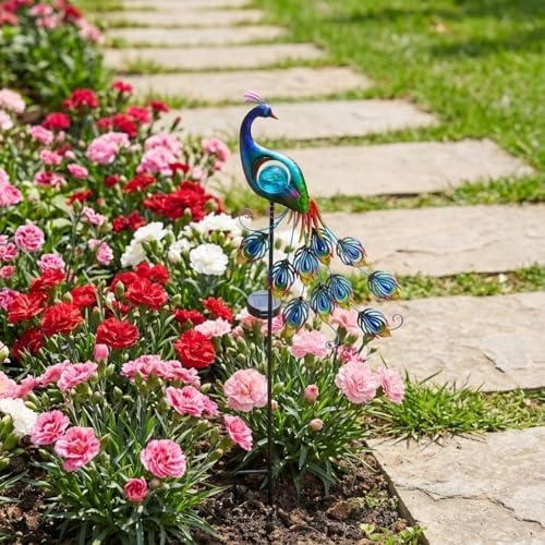 TERESA'S COLLECTIONS Yard Decorations Outdoor for Garden Decor, Peacock Solar Outdoor Lights, 32'' Metal Lawn Ornaments for Outside with Crackle Glass Ball, Decorative Stake Gifts for Mom - Image 2