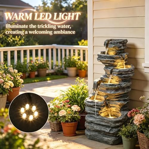 Freestanding Outdoor Fountain with Six-Tier Rock Design and LED Lighting - Image 4