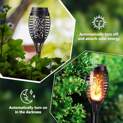 Solar Halloween Lights Outdoor, 6 Pack LED Torch Lights Flickering Flame, Waterproof Tiki Torches for Outside Landscape Decoration Lighting for Lawn, Yard, Halloween Decorations (Warm White-6 Pack) - Image 3
