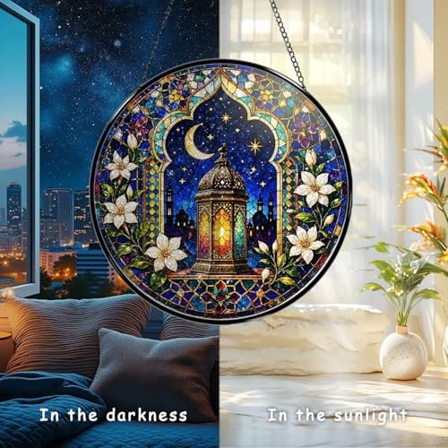 Stained Glass Window Hanging Lantern Moon and Star Floral Pattern Sun Catchers Colorful Islamic Moroccan Style Suncatchers for Home Porch Garden Indoor & Outdoor Decor (9.8x9.8 in) - Image 5