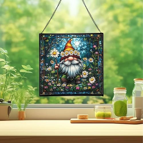 Daisy Crown Gnome Stained Glass Suncatcher – Square Hanging Window Panel for Home or Greenhouse – Whimsical Glass Art Gift for Garden Lovers, Christmas, Halloween, Father Days uoZbMI - Image 2