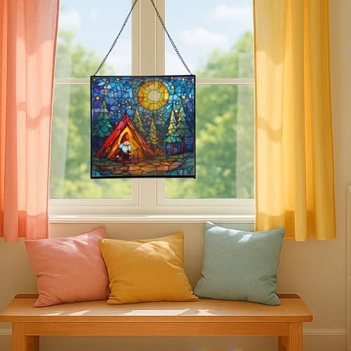 Night Camp Gnome Stained Glass Suncatcher – Square Hanging Window Panel for Home or Greenhouse – Whimsical Glass Art Gift for Garden Lovers, Christmas, Halloween, Father Days YYXOkZ - Image 5