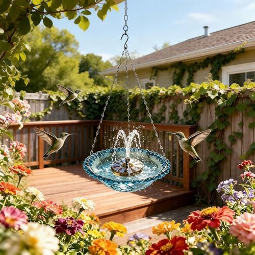 Hanging Solar Bird Bath Fountain Solar Powered Bird Bath Fountains Water Pump with 8 Spray Heads Water Feature for Hummingbirds in Garden Yard Patio, Blue - Image 7