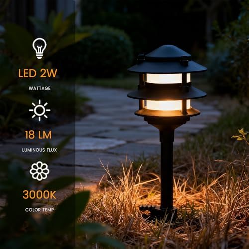 4 Pack Low Voltage Landscape Lighting, Aluminum IP54 Waterproof 3-Tier Integrated LED Pagoda Landscape Lights for Walkway Garden, 2W 12V DC 3000K Warm White, ETL UL CSA Listed - Image 3