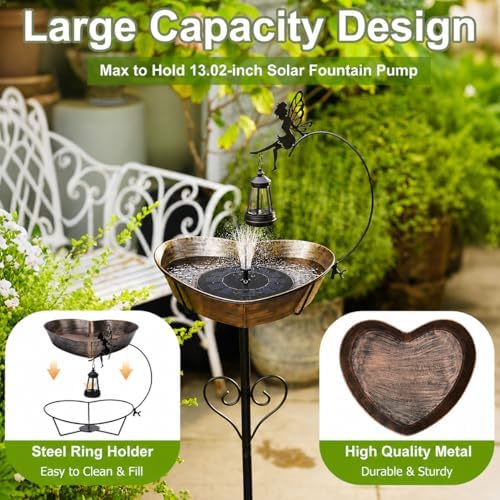 Solar Metal Heart Bird Bath for Outside, 48"H 14"Dia Removable Bowl,3.5 D - Image 4