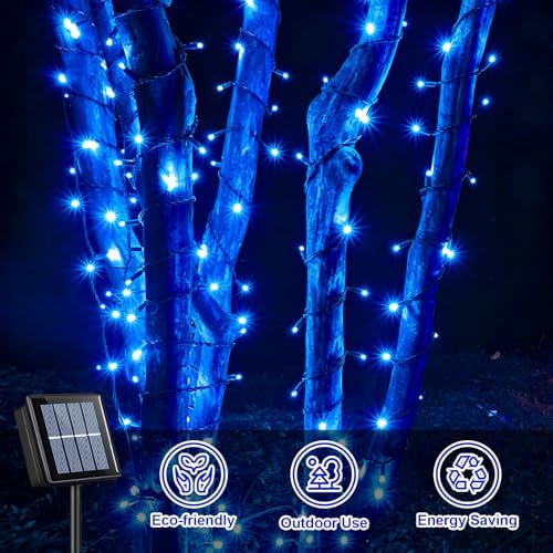 QITONG 2 Pack Blue Solar String Lights, Each 66ft 200 LED Christmas led Lights Outdoor Waterproof, 8 Modes Green Wire Solar Twinkle Lights for Garden Patio Yard Decor - Image 5