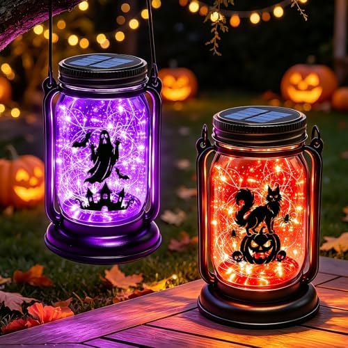 Halloween Solar Lanterns-Ghost &Cat Pumpkin Decor Hanging Mason Jar Lights by YJFWAL