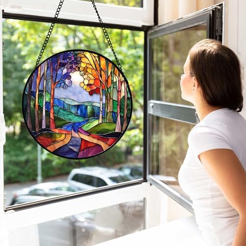 Colorful Forest Tree Stained Glass Window Hanging Suncatcher Gifts 15" - Image 2