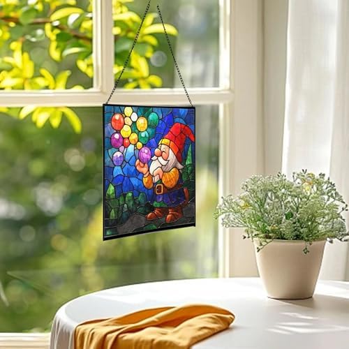 Bubble Blowing Gnome Stained Glass Suncatcher – Square Hanging Window Panel for Home or Greenhouse – Whimsical Glass Art Gift for Garden Lovers, Christmas, Halloween, Father Days VztFRs - Image 3