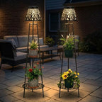 2 Pack Solar Floor Lamps Outdoor with 2-Tier Plant Stand, Metal Tall Planter Holder with Waterproof LED Lantern, Decorative Patio Light & Flower Pot Display Rack for Garden, Deck, Porch, Balcony by VISFLAIR
