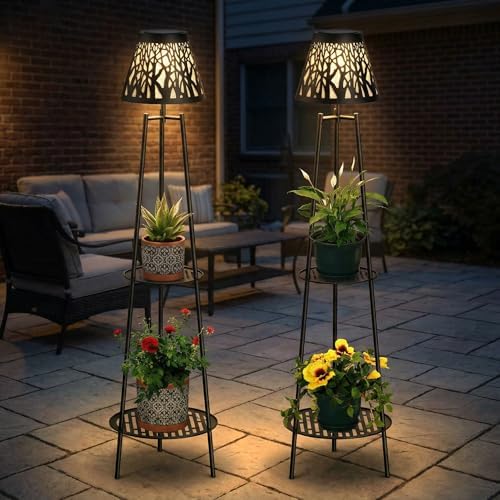 2 Pack Solar Floor Lamps Outdoor with 2-Tier Plant Stand, Metal Tall Planter Holder with Waterproof LED Lantern, Decorative Patio Light & Flower Pot Display Rack for Garden, Deck, Porch, Balcony by VISFLAIR