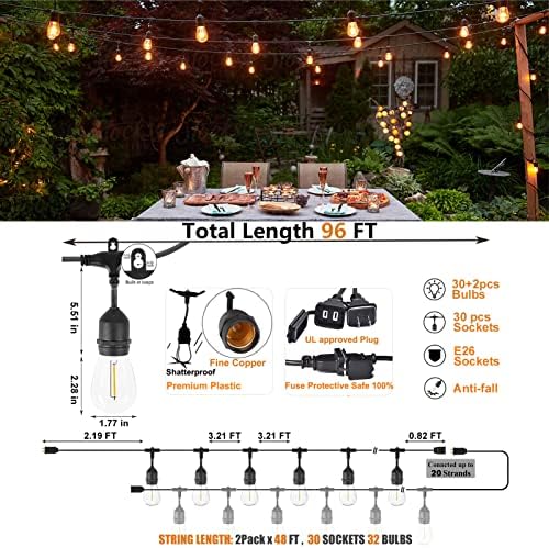 Achin Outdoor String Lights 96FT(48FT*2) Waterproof IP65 LED Patio Lights with 30+2 S14 Edison Bulbs Warm 2200K Hanging Lights Outside Shatterproof String Lights for Outside Bistro, Market, Yard - Image 2