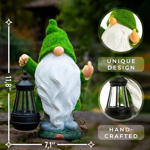 Funny Garden Gnome, 11.8 Inch with Solar Lantern, Outdoor Statues - Image 3