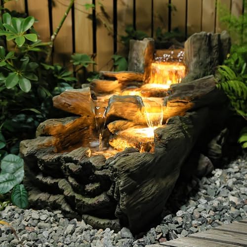 Sunlinua 35 L Wood Grain Cascading Garden Outdoor Water Fountain with LED by Sunlinua