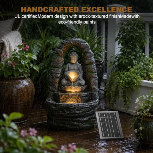 27.2" H Solar Water Fountain Outdoor with LED Lights, Zen Buddha Garden Water Feature with Cascading Flow for Patio Backyard Porch Decor - Image 6