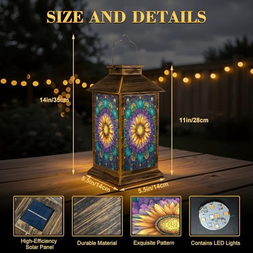 Stained Glass Style Solar Lantern Outdoor Garden Hanging Lantern Sunflower Stained Glass Spring Color Mosaic Design Waterproof Solar Powered Lighting Outside Table Lamp for Patio Deck Yard Camping - Image 2