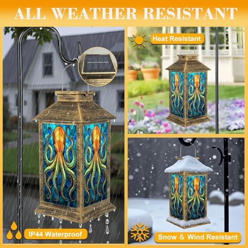 Solar Lantern Outdoor Waterproof Stained Glass Octopus Vibrant Blue Orange Tones Garden Decor LED Hanging Solar Lights Tabletop Lamp Gifts for Women Mom Outside Yard Patio Porch - Image 3