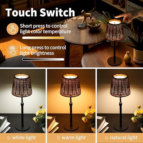 Mr.White Outdoor Waterproof Rechargeable Cordless Table Lamp with Telescopic Pole & Wicker Shade, 5200mAh Battery Operated Table Light with Touch Control, for Patio Restaurant Kitchen (Black) - Image 4