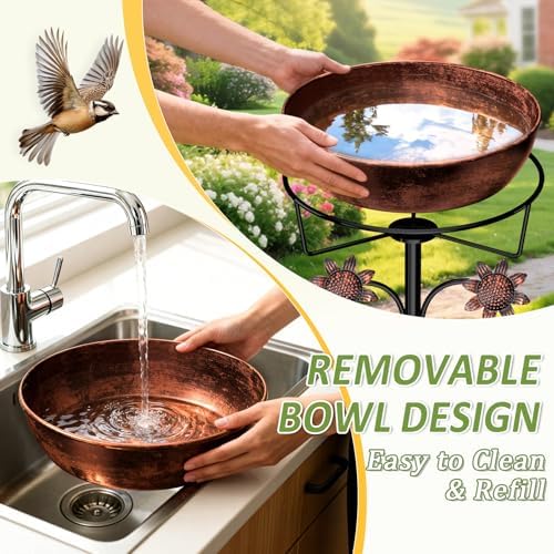 3" Deep Metal Bird Bath for Outside, Removable 12" Dia Vintage Bird Baths Bowl for Outdoors with Stable 5-Prong Stake, 37" H Freestanding Birdbath for Garden Patio Yard Lawn (Brush Bronze) - Image 4