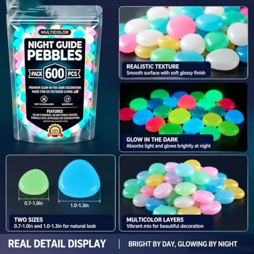 2026 Glow-in-The-Dark Garden Stones | Luminous Pebbles for Walkways, Yard, & Aquarium | Rainbow Outdoor Stepping Rocks | Night-Glow Decor (Multicolor*600) - Image 7