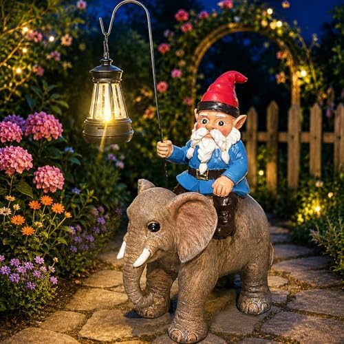 Garden Gnome Riding Elephant Statue Decoration, Funny Resin Solar Gnome with Hanging Lantern for Lawn Patio Yard Garden Outdoor Decor, Gifts for Mom Women and Men (Gnome-G) by Wlcbomuoe