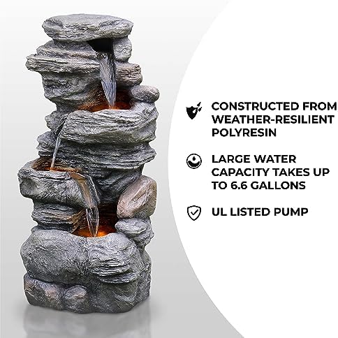 Teamson Home 39.37 in. Outdoor Faux Stacked Stone 4-Tier Water Fountain with LED Lights and Pump, Gray - Image 4
