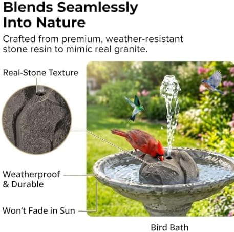 Realistic Granite Rock Solar Bird Bath Fountain - Premium Solar Fountain for Bird Bath, Full Water Pump Kit & Nozzles to Attract Hummingbirds to Your Garden (Grey) - Image 2