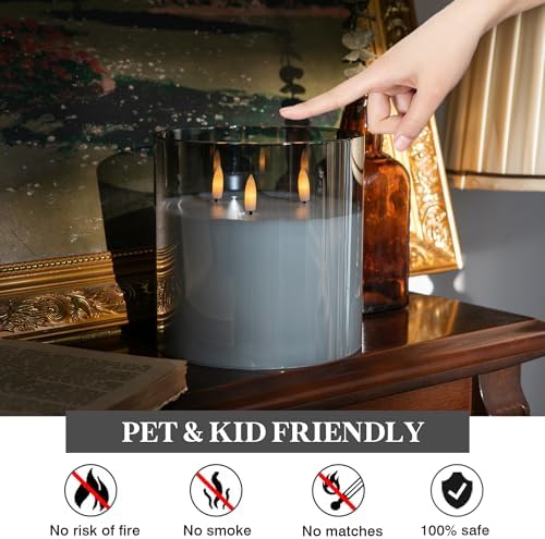Extra Large Flameless Candles with 3 Wicks, 6"x6" Glass Battery Operated Candles with Remote, Real Wax Flickering LED Candles Fake Candle for Home, Wedding, Party, Gray - Image 4