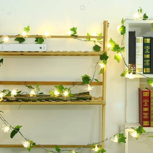 Artificial Flower Vine String Lights With Green Leaves Decor|Led Copper Wire Fairy Lights|Romantic Artificial Plants Ambiance Lamps For Party Christmas Bedroom,B-Warm White,2m(6.5ft)-20LED-Solar - Image 5