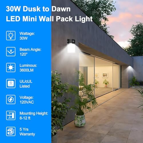 30W Mini LED Wall Pack Light with Dusk to Dawn Photocell, 5000K Wall Pack Light Outdoor Led, AC120V 3600LM Waterproof Outdoor Commercial Lighting Fixture for Garage, Warehouse, Garden, (4 Pack) - Image 5