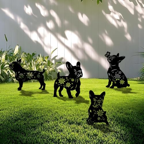 4 Pack Bulldog Metal Garden Decorative Stakes, Weather Proof Puppy Silhouette Statues for Yard, Patio,Outdoor Decor for Bulldog Lovers and Pet Owners by Yonisungardenandoutdoor