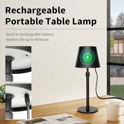 Mr.White Outdoor Waterproof Rechargeable Cordless Table Lamp with Telescopic Pole & Wicker Shade, 5200mAh Battery Operated Table Light with Touch Control, for Patio Restaurant Kitchen (Black) - Image 6