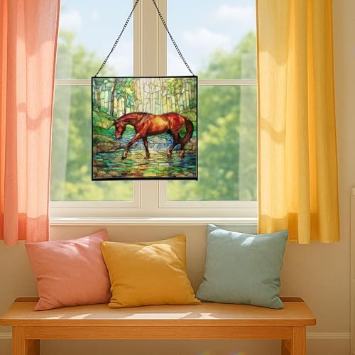 Chestnut Tennessee Walking Horse Stepping Through Shallow Creek Square Suncatcher – Stained Glass Style Window Panel with Scene, Custom Decorative Hanging Art for Equestrian Home, Christmas TIWa3X - Image 3