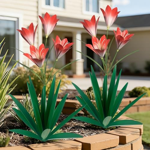 TOMBABY 32.28 Inch Metal Agave Plant Outdoor Decoration Lily Mexican Yard Art Garden Gift Home Decor Hand Painted Metal Agave Garden Yard Statue (2pc, Green) by TOMBABY