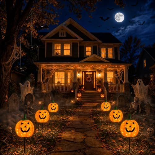 Solar Halloween Pumpkin Lights, 4 Pack Outdoor Pathway Stake Lights - Image 2