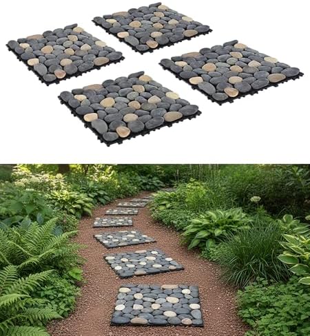 jxgzyy 4 Pcs Interlocking Stepping Stones Outdoor for Garden, 11.8" Square Pavers for Landscaping, Outside Pebble River Stone Mat for Yard Lawn Patio Pathway Walkway by jxgzyy