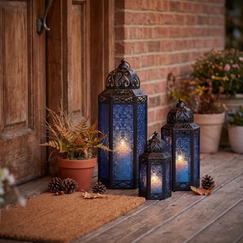 VELA LANTERNS Set of 3 Cobalt Blue Glass & Black Metal Moroccan Candle Lantern Holders (XL, Large, Small) - Decorative Indoor/Outdoor Decor for Patio, Floor, Weddings & Ramadan - Image 4