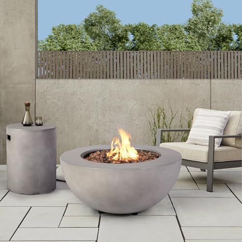 2-Piece Outdoor Propane Fire Pit Table Set w/Tank Cover Table, 31.5-inch 50,000 BTU Bowl Concrete Firepit SUS201 Round Burner with Steel Lid, Lava Rocks, Rain Cover… by ReeQuo-BEAUTYYOURHOMEBEAUTYYOURLIFE