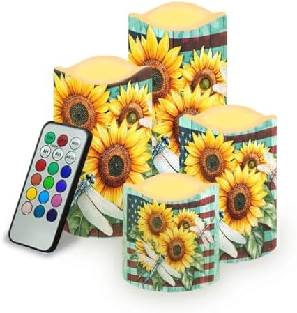 Sunflower Flameless Candles LED Pillar Candles Battery Operated Candles with Remote and Timers Color Changing Electric Fake Plastic Candles Living Room Home Table Decor Set of 4 by Uorisanigo