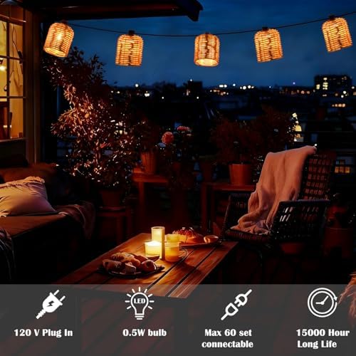 13FT Natural Rattan String Lights, 10 Decorative Lanterns Lights, White - Image 4