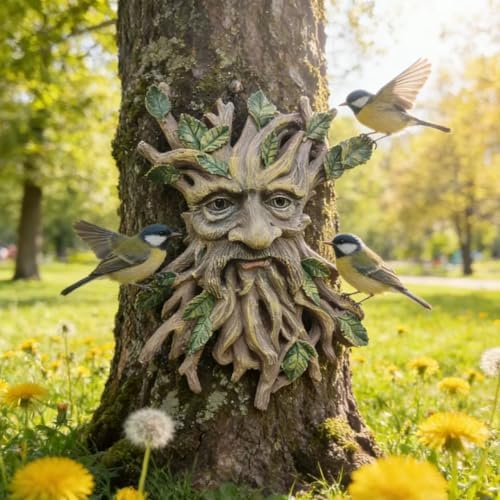 Whimsical Tree Face Garden Decoration ，Tree Faces Decor Outdoor Wallmounted Statue Art with Leaf Features, Outdoor Decor Garden Accessory (Nature and Outdoors) - Image 3