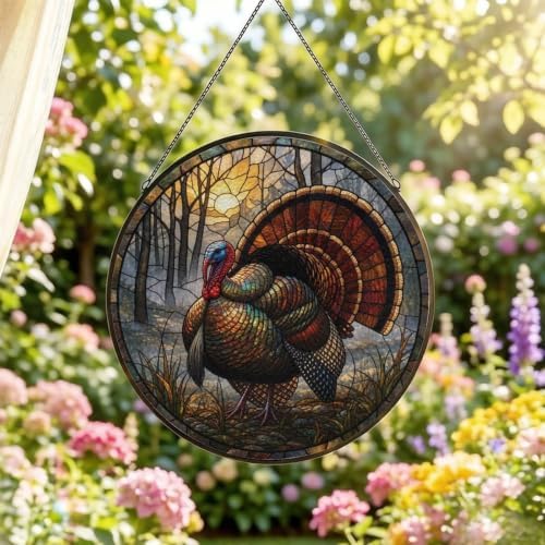 Autumn Wild Turkey Stained Glass Suncatcher 9.8" Colorful Window Hanging Ornament, Retro Sun Catcher Decor with Chain for Home Wall Garden Birthday Christmas Mothers Day - Image 2