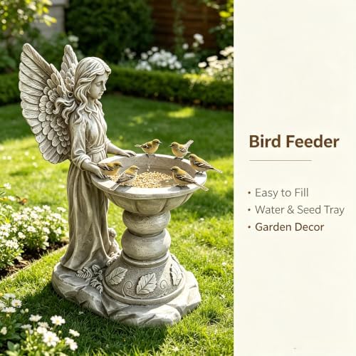 15.35" Angel Bird Bath Sculpture, Resin Garden Statue with Pedestal Bowl - Image 4