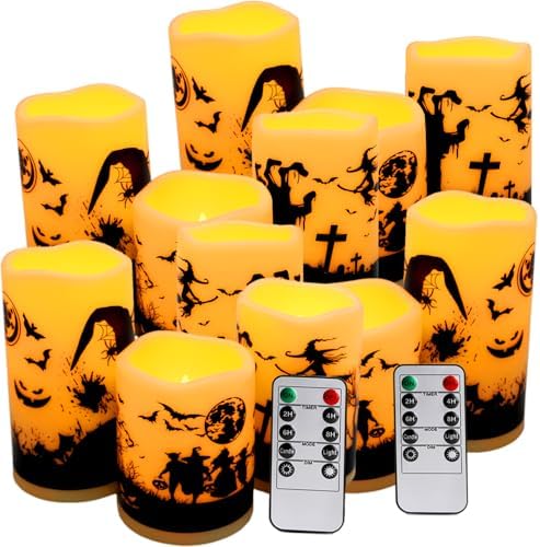 fclayvts 12-Pack Halloween LED Flameless Pillar Candles - Battery Operated with Remote & Timer, Flickering Warm Light, Witch/Bats/Castle Decals - Spooky Halloween Decor, Ghost Party Supplies, Gifts by fclayvts