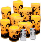 fclayvts 12-Pack Halloween LED Flameless Pillar Candles - Battery Operated with Remote & Timer, Flickering Warm Light, Witch/Bats/Castle Decals - Spooky Halloween Decor, Ghost Party Supplies, Gifts by fclayvts