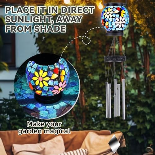 VOREEN Solar Wind Chimes with Gentle Chime Sound, Blue Mosaic Glass Lantern for Outdoor, Calming Night Glow & Relaxing Breeze Melody, Waterproof Porch Yard Garden Decor, Memorial & Sympathy Gift - Image 3