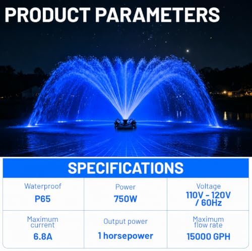 Pond Fountain Aerator with Lights,Pond Fountain with 4 RGB Lights,10 Light Modes,1HP 750W 110V 15000GPH,Stainless Steel Pump with 100FT Power Cord& Timer,Pond Fountains for Large Ponds,Lakes - Image 6