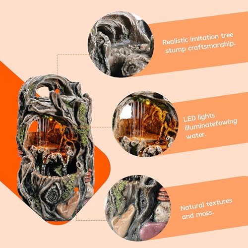 MAOCHI Tabletop Water Fountain, Home Décor Soothing Sound Machine with Automatic Pump, Nature Tree Stump Resin and for Indoor Zen Relaxation for Office, Living Room, or Bedroom Décor - Image 2