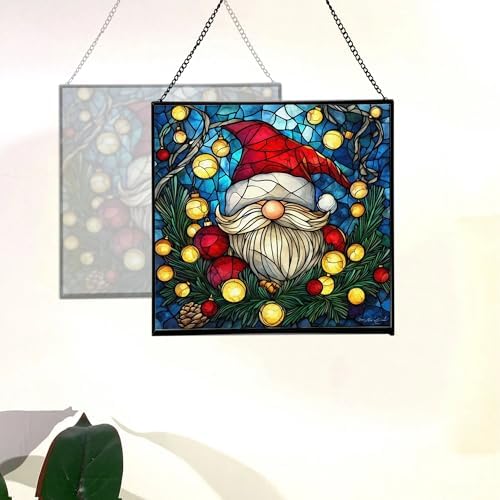 Holiday Lights Gnome Stained Glass Suncatcher – Square Hanging Window Panel for Home or Greenhouse – Whimsical Glass Art Gift for Garden Lovers, Christmas, Halloween, Father Days xzZh6D - Image 4
