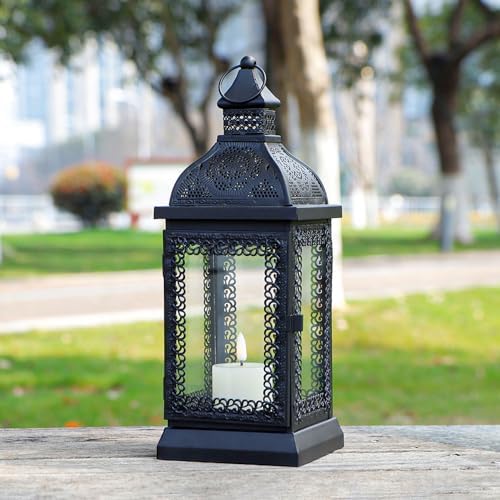 TRIROCKS Rustic Style Metal Candle Lantern 13'' High Decorative Outdoor Lantern Candle Holder with Tempered Glass for Christmas Living Room Garden Patio Parties Indoors Outdoors (Black) - Image 5